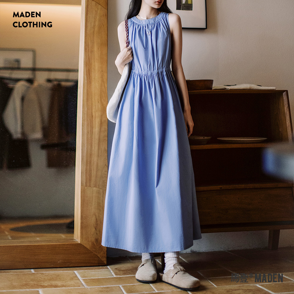 淺春系baby藍無袖連衣裙休閒沙灘度假長裙春夏法式抽褶裙子女