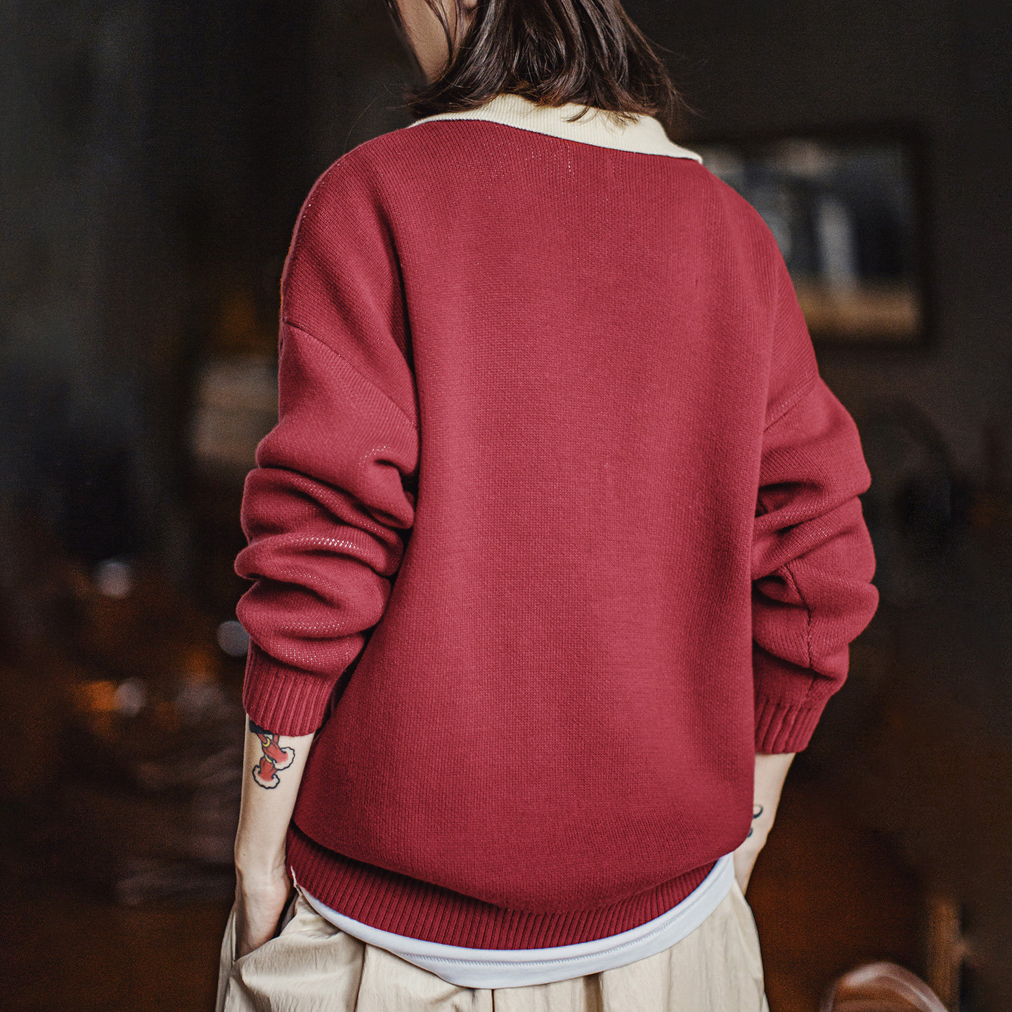 復古酒紅撞色V翻領寬鬆套頭提花保暖加厚毛衣針織衫上衣女冬