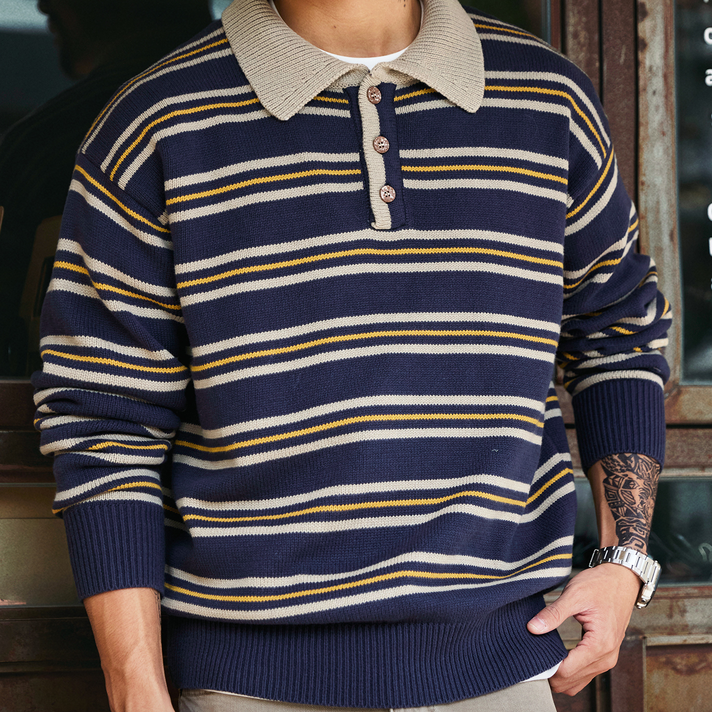 美式復古POLO領條紋毛衣男2025冬季新款寬鬆慵懶風撞色針織衫上衣