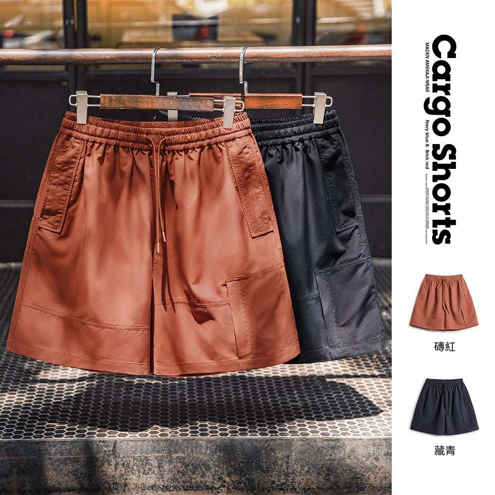 美式紅色短褲抽繩鬆緊腰直筒寬鬆外穿大口袋五分褲男夏季