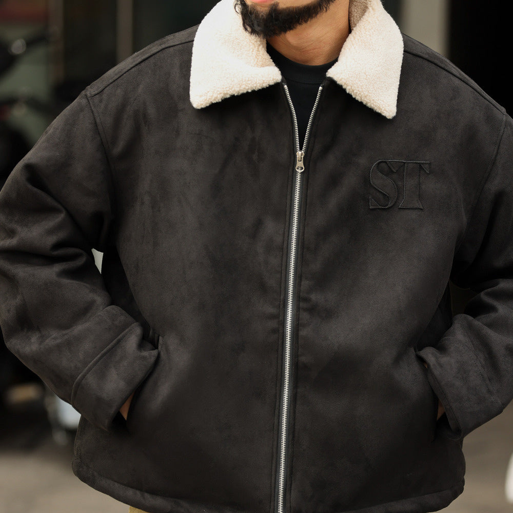 美式復古vintage麂皮絨外套男寬鬆刺繡加厚夾棉毛領夾克棉服-Retro's Wear