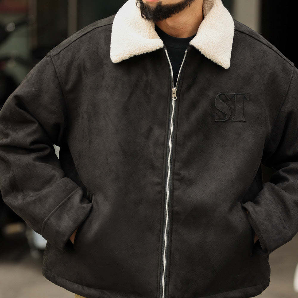 美式復古vintage麂皮絨外套男寬鬆刺繡加厚夾棉毛領夾克棉服-Retro's Wear