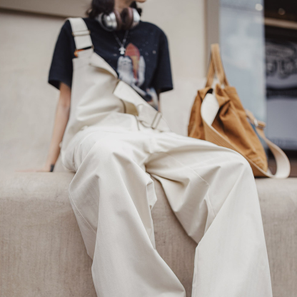 2025新款白色日雜寬鬆休閒時尚工裝背帶褲顯瘦連體褲子女士秋