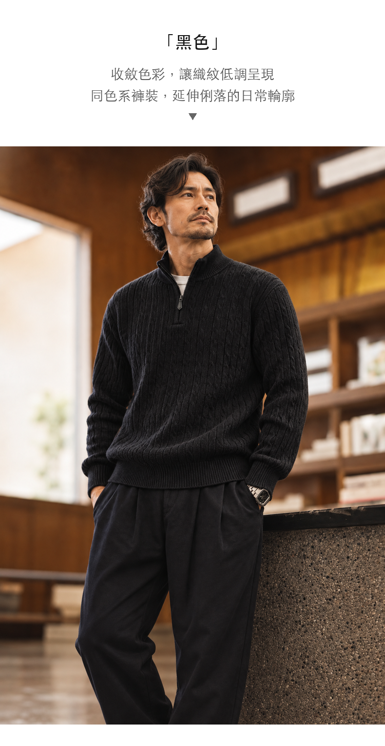 復古細麻花半拉鍊立領針織毛衣男士寬鬆長袖休閒上衣 · 10-S07