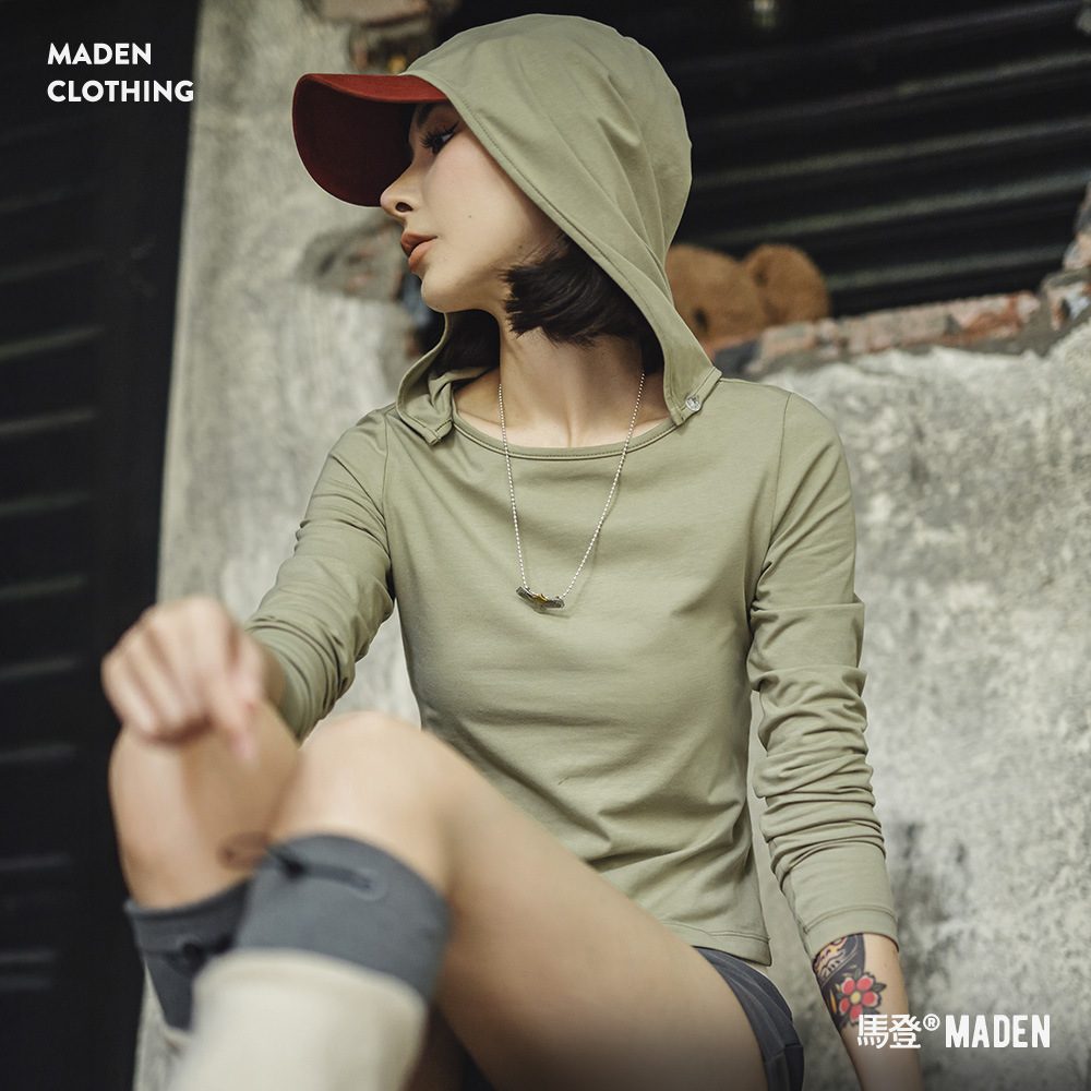 凉快輕薄款冰瓷棉凉感針織修身長袖連帽T恤罩衫上衣女士夏日