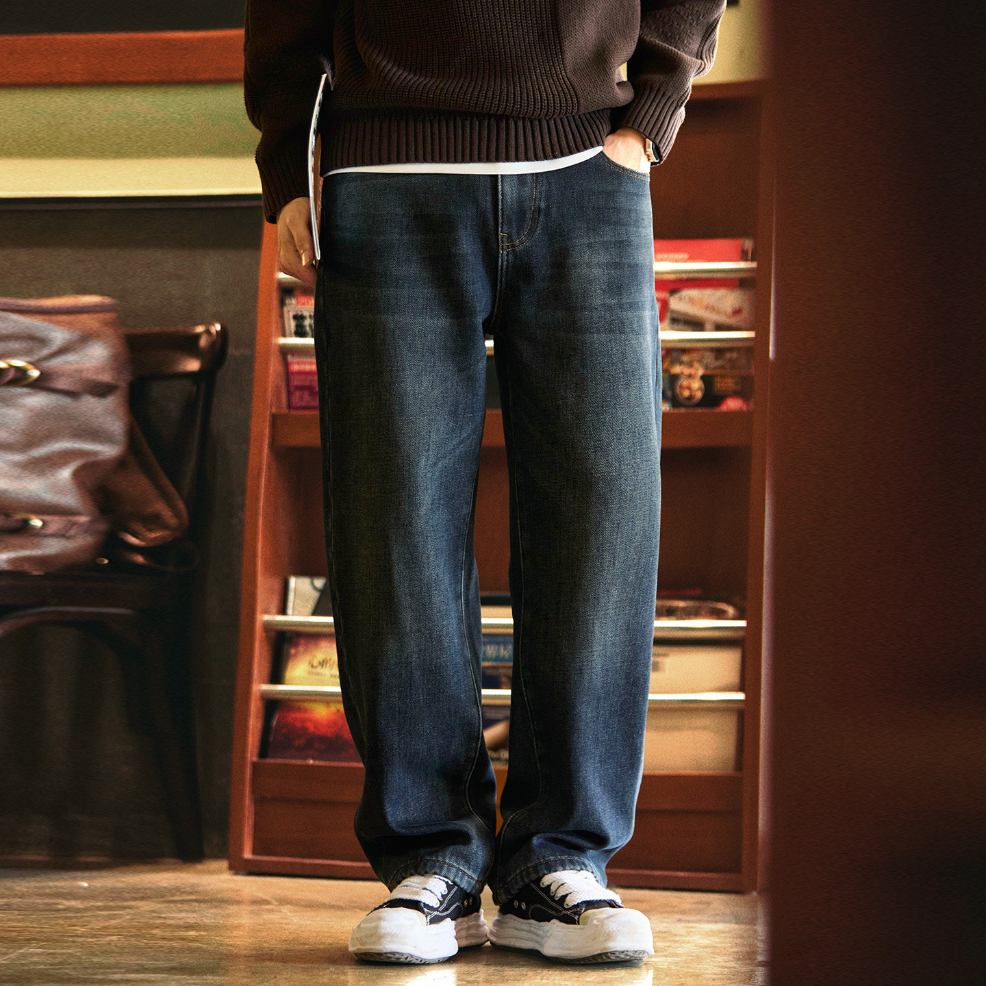 美式復古水洗直筒加絨牛仔褲男2025冬季新款寬鬆加厚百搭休閒長褲