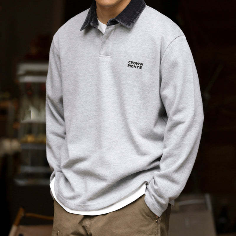 美式復古撞色領口長袖POLO衫男寬鬆休閒運動翻領針織T恤衛衣-Retro's Wear