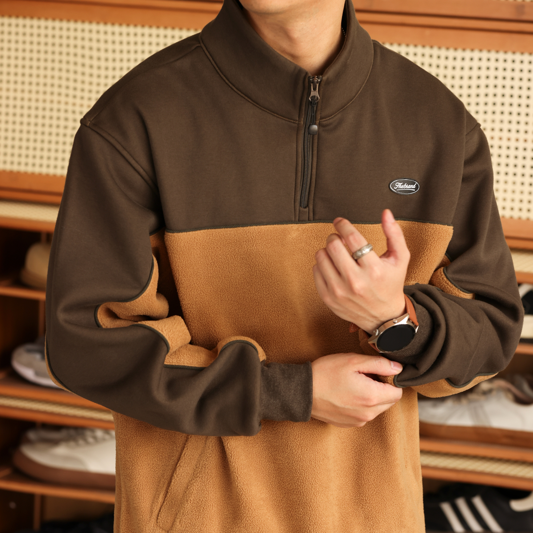 日系復古撞色拼接搖粒絨衛衣男加厚保暖半拉鍊立領上衣