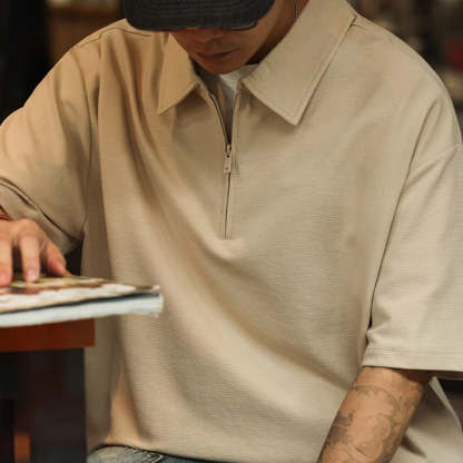 美式休閒半拉鍊翻領POLO衫男260g重磅肌理感寬鬆短袖T恤