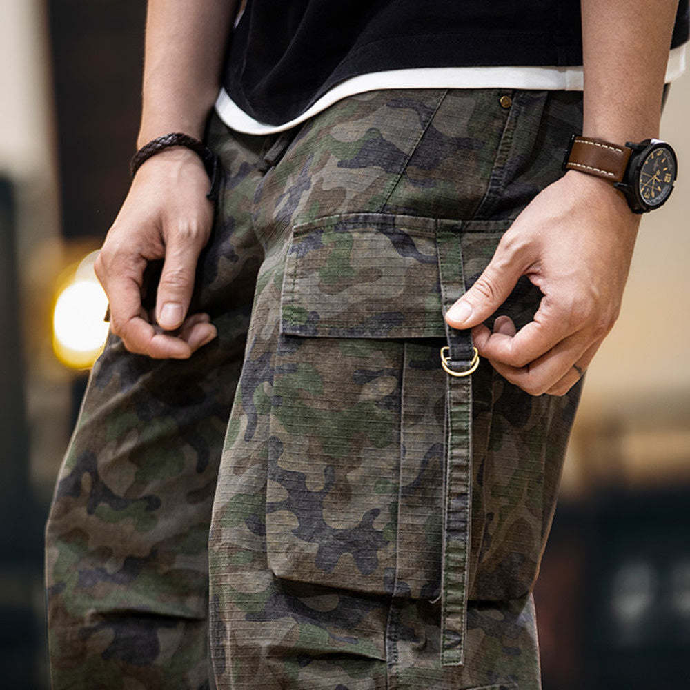 美式復古純棉網格迷彩工裝褲子男多口袋2025春夏新款直筒休閒長褲