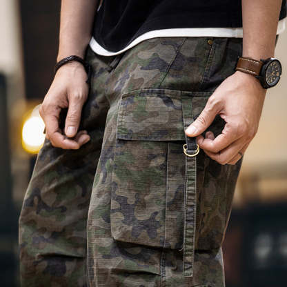 美式復古純棉網格迷彩工裝褲子男多口袋2025春夏新款直筒休閒長褲