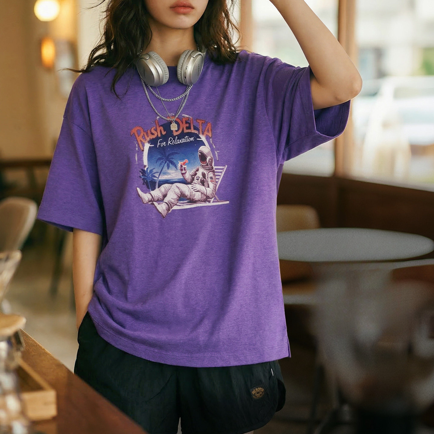 紫色復古花邊拼接寬鬆数位印花短袖t恤小眾設計感上衣女士夏