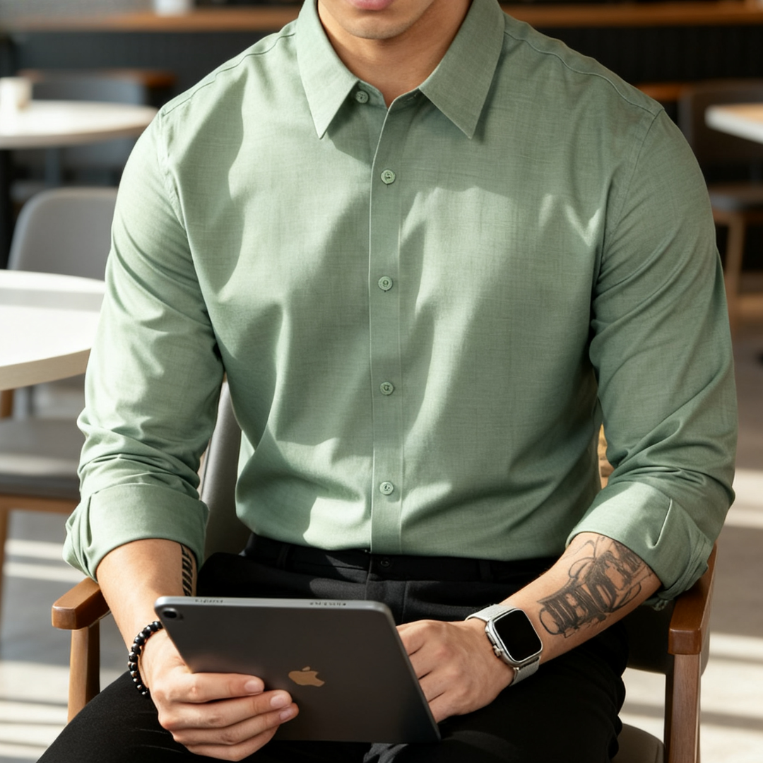 抗皺免燙莫代爾長袖襯衫男美式休閒通勤外搭襯衣打底衫