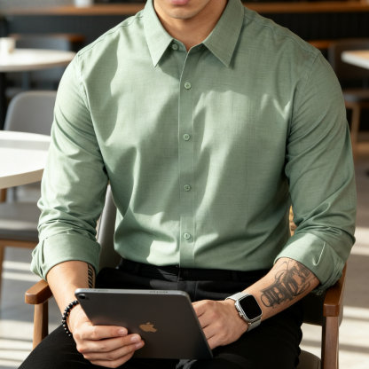 抗皺免燙莫代爾長袖襯衫男美式休閒通勤外搭襯衣打底衫