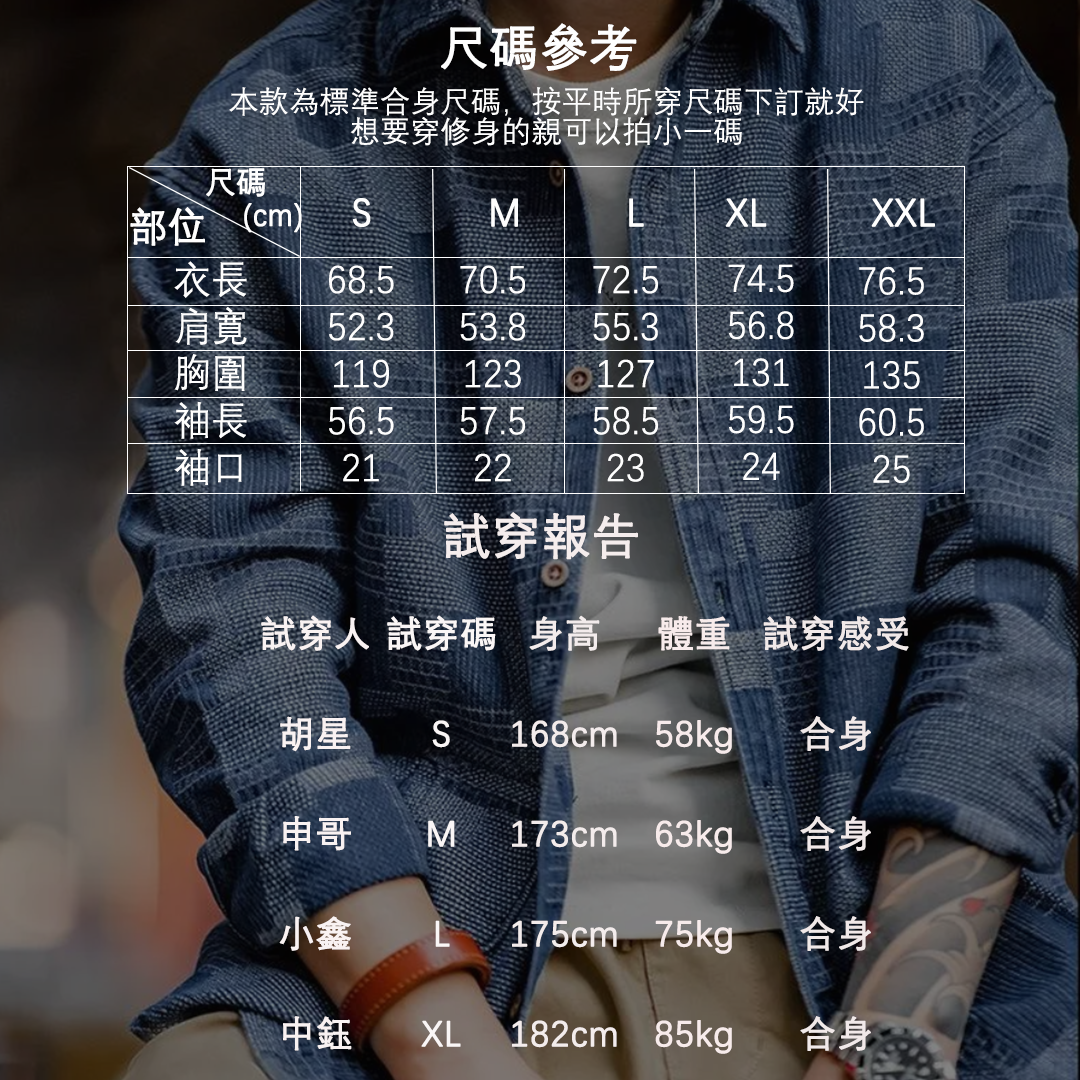 boro藍染拼接丹寧襯衫百家布牛仔長袖襯衣男春-Retro's Wear