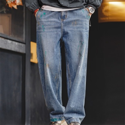 美式復古潑墨塗鴉牛仔褲竹節紋水洗直筒長褲伐木褲-Retro's Wear