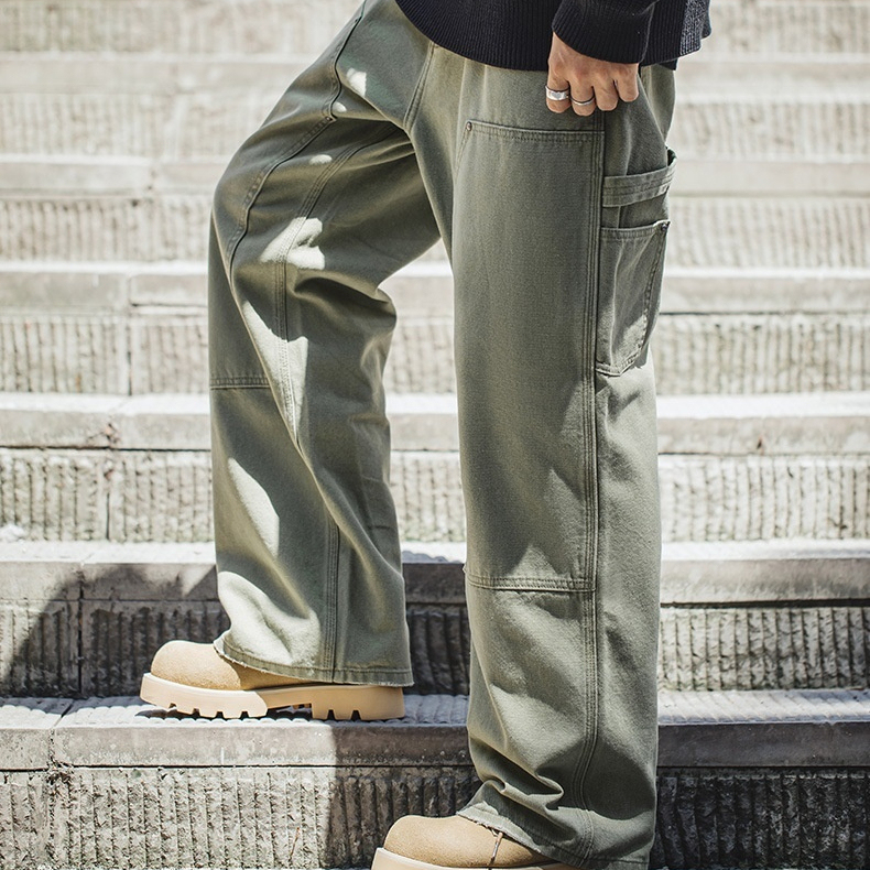 MRA美式休閒B01雙膝伐木褲直筒帆布法工褲軍綠色長褲男早秋
