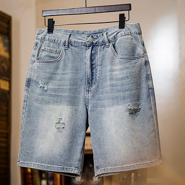 淺藍色破洞牛仔短褲男款2025夏季新款輕薄萊賽爾寬鬆男士五分褲子