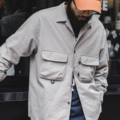 山系戶外古巴領泡泡紗長袖襯衫免燙抗皺口袋薄襯衣男夏秋-Retro's Wear