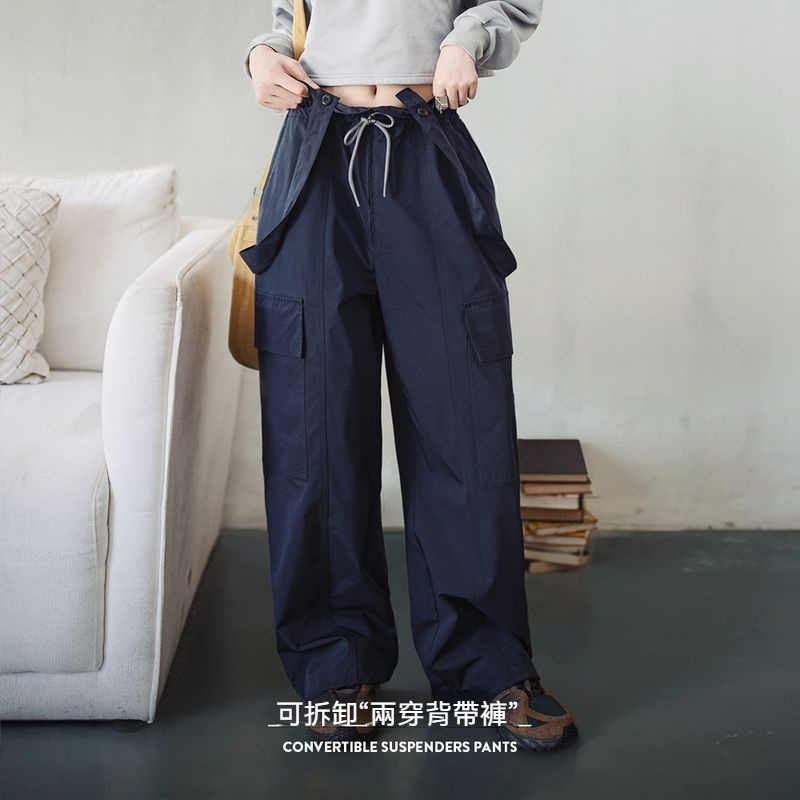 美式可拆卸工裝背帶褲復古口袋直筒褲遮肉抽繩休閒褲春秋季女-Retro's Wear