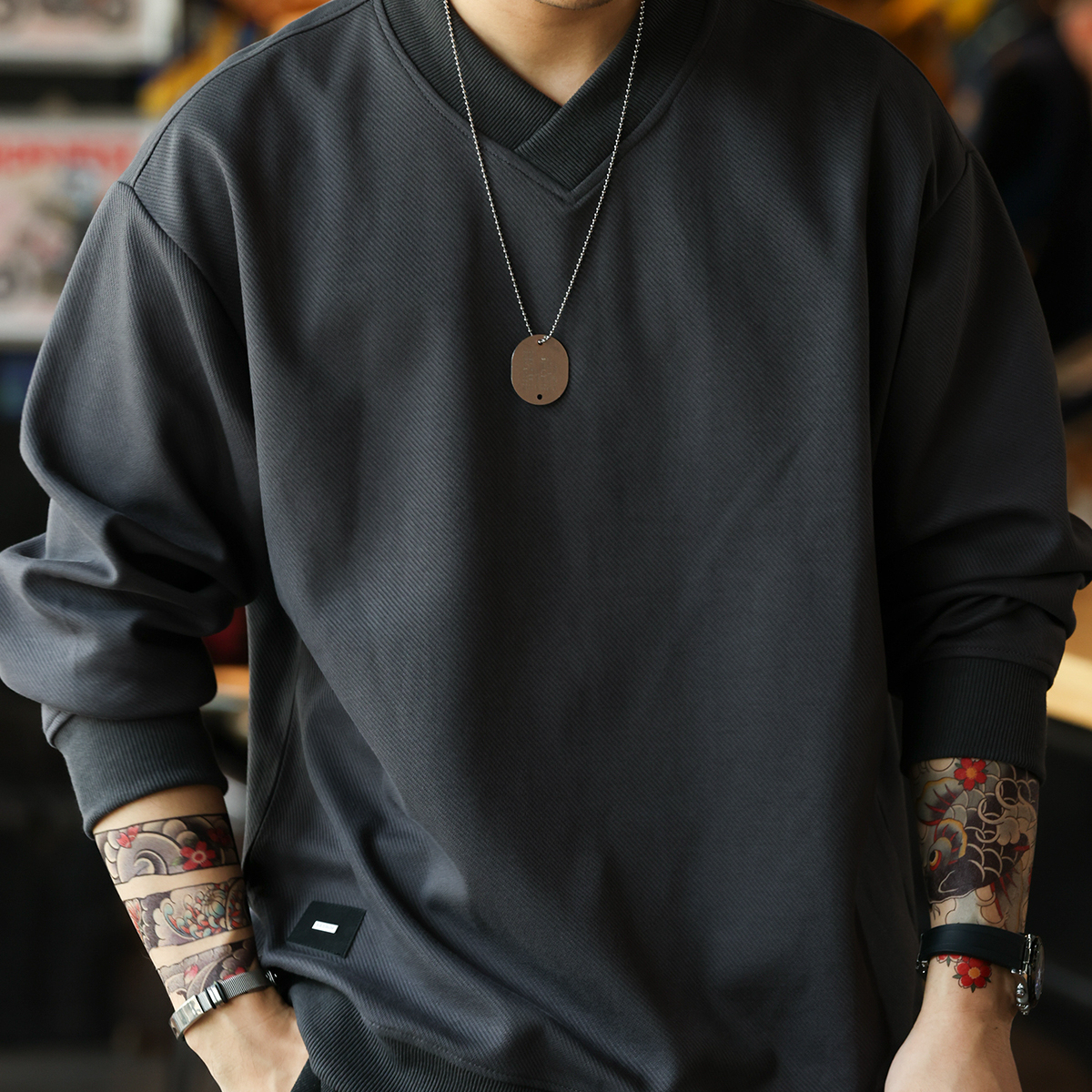 美式復古交疊小V領衛衣男380g斜紋肌理感休閒套頭上衣秋