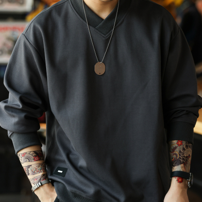 美式復古交疊小V領衛衣男380g斜紋肌理感休閒套頭上衣秋