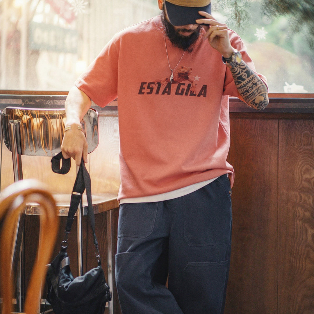 美式复古印花短袖圓領落肩落日橘紅色男款針織T恤夏季