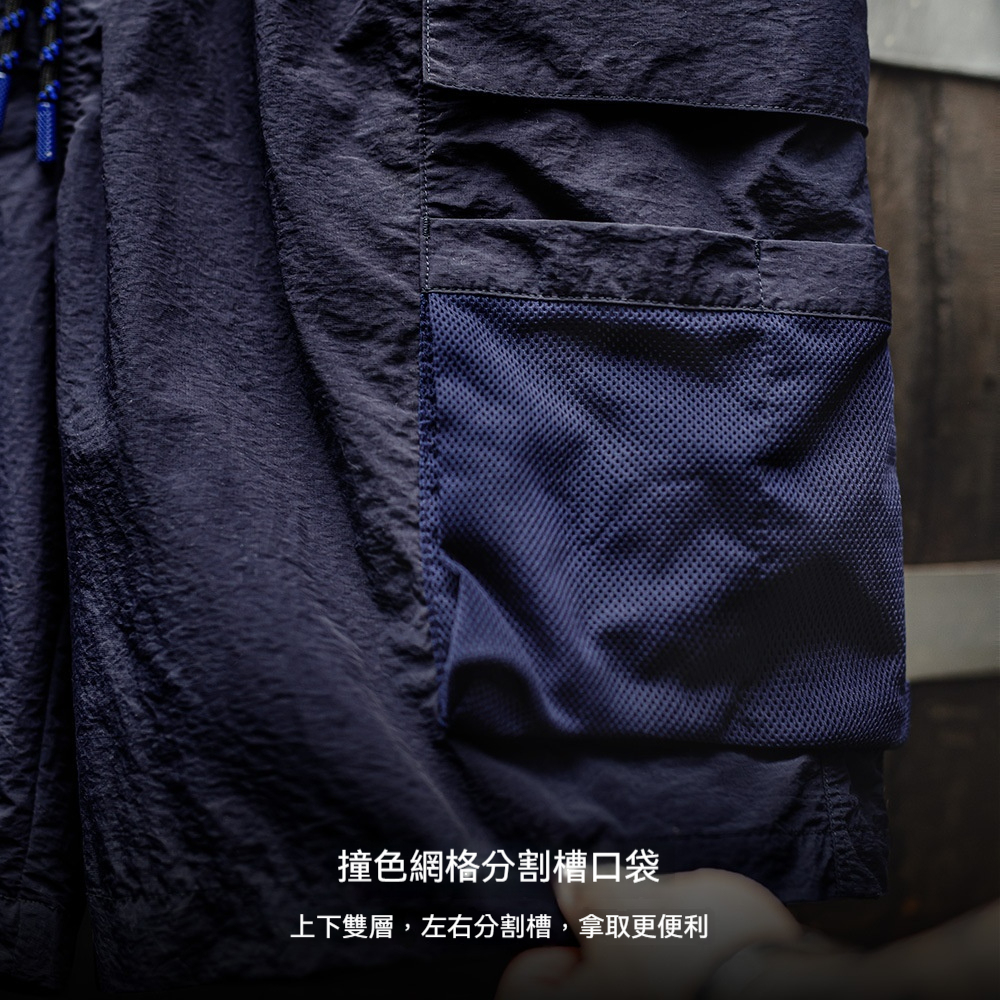 美式多口袋短褲速幹機能藏青色戶外輕薄款抽繩五分褲男夏