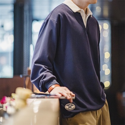 美式復古針織撞色polo衛衣學院風寬鬆翻領長袖T恤男春秋-Retro's Wear