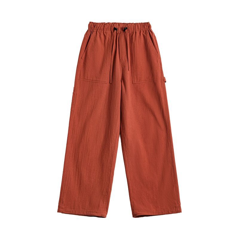 橘色大口袋薄款鬆緊腰寬鬆直筒伐木工裝褲子純棉休閒長褲女