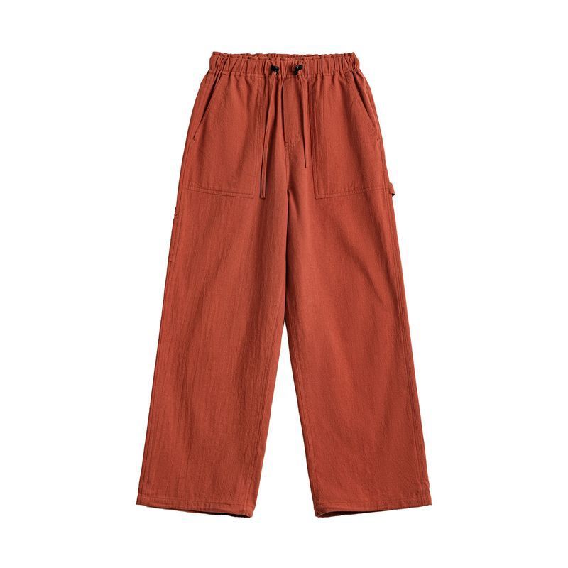 橘色大口袋薄款鬆緊腰寬鬆直筒伐木工裝褲子純棉休閒長褲女