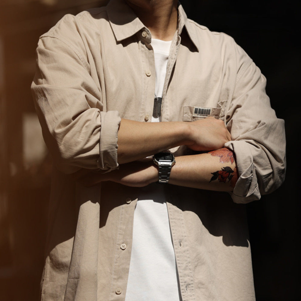 美式休閒簡約純色口袋長袖襯衫男高級感疊穿內搭襯衣外套秋-Retro's Wear
