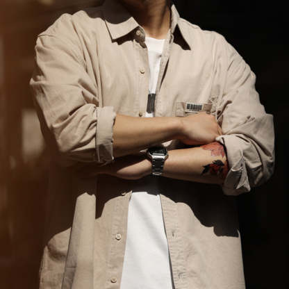 美式休閒簡約純色口袋長袖襯衫男高級感疊穿內搭襯衣外套秋-Retro's Wear