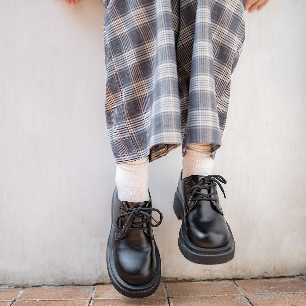 復古百搭德比鞋女春季黑色英倫風厚底增高小皮鞋休閒工裝鞋-Retro's Wear