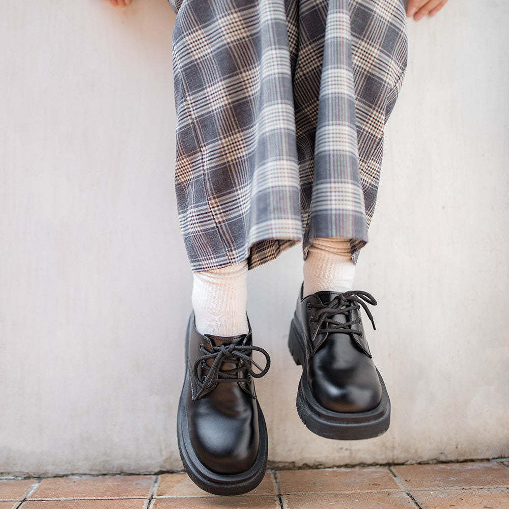 復古百搭德比鞋女春季黑色英倫風厚底增高小皮鞋休閒工裝鞋-Retro's Wear