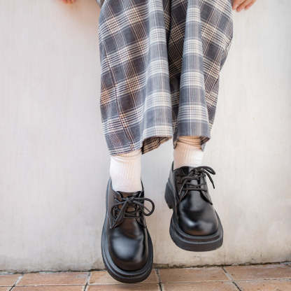 復古百搭德比鞋女春季黑色英倫風厚底增高小皮鞋休閒工裝鞋-Retro's Wear