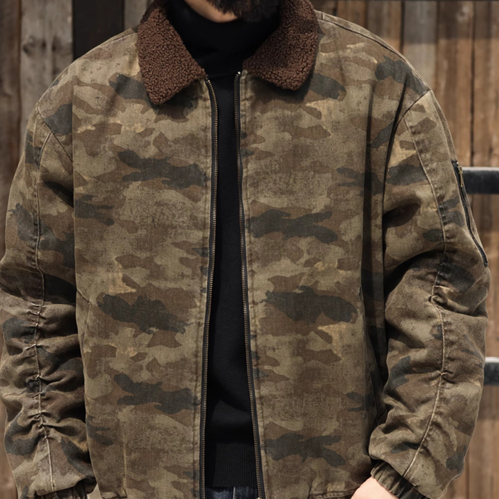 美式羊羔絨工裝帆布夾克男加絨加厚保暖復古迷彩外套冬
