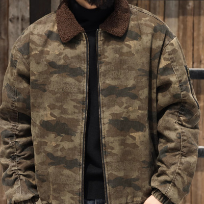 美式羊羔絨工裝帆布夾克男加絨加厚保暖復古迷彩外套冬