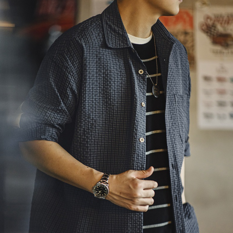 美式復古泡泡紗格子長袖襯衫肌理感翻領拼接襯衣外套男秋-Retro's Wear