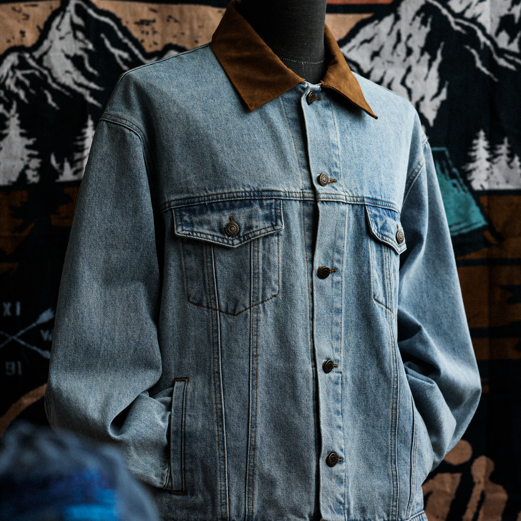 巴恩風麂皮絨翻領牛仔夾克男美式復古做舊vintage外套