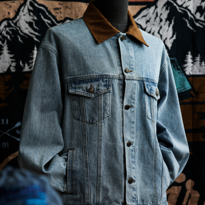 巴恩風麂皮絨翻領牛仔夾克男美式復古做舊vintage外套