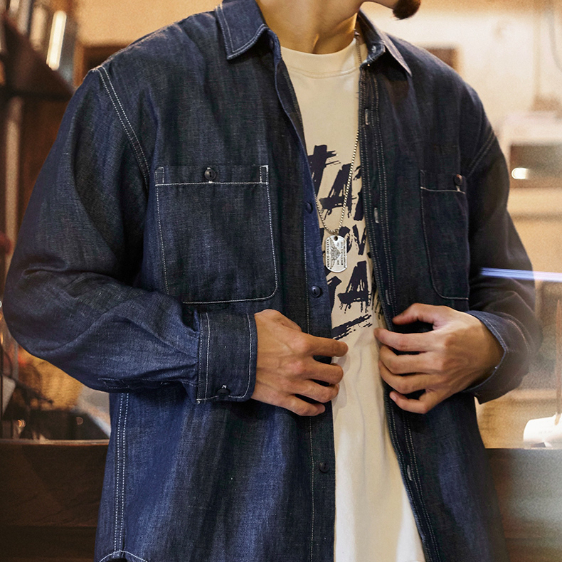 漢麻簡約藍色牛仔襯衫男2025秋季新款抗靜電長袖襯衣