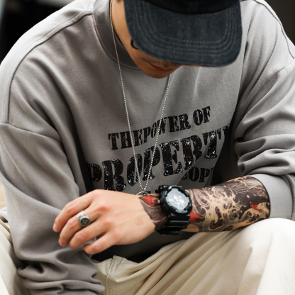 美式復古305g重磅做舊印花長袖T恤男小領口休閒打底衫