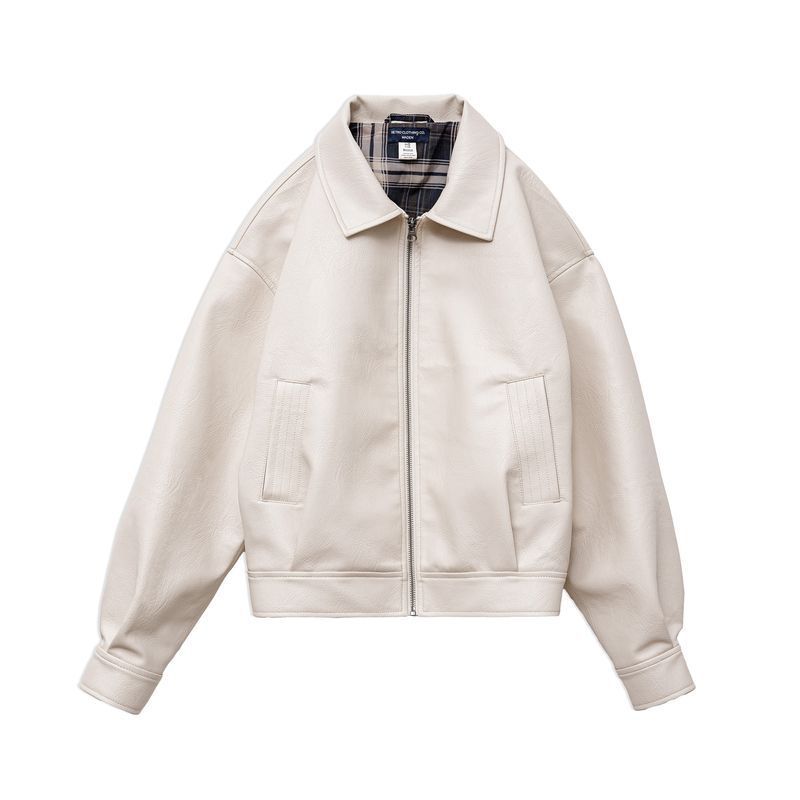 美式復古米白色皮衣外套寬鬆機車短款夾克通勤外套上衣春秋女-Retro's Wear