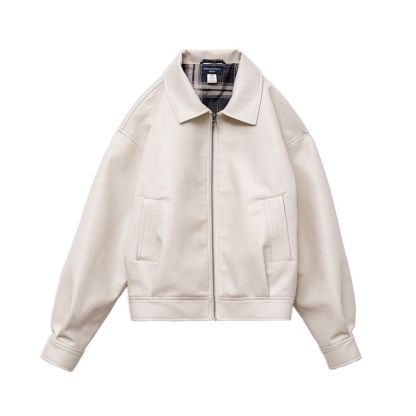 美式復古米白色皮衣外套寬鬆機車短款夾克通勤外套上衣春秋女-Retro's Wear