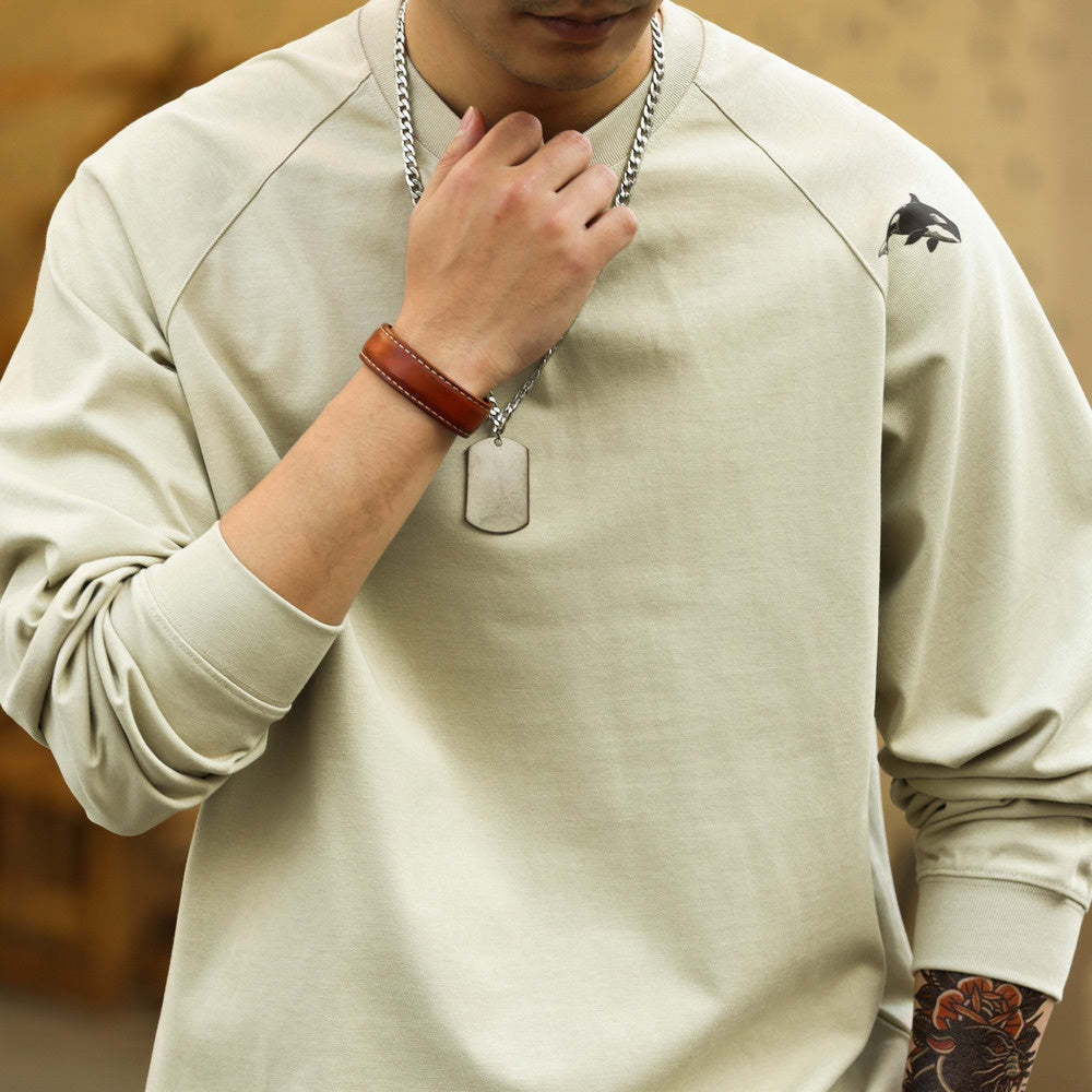 美式休閒300g重磅插肩長袖T恤男鯨魚印花三本針純棉TEE