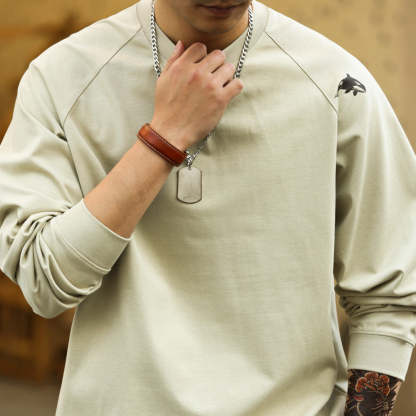 美式休閒300g重磅插肩長袖T恤男鯨魚印花三本針純棉TEE