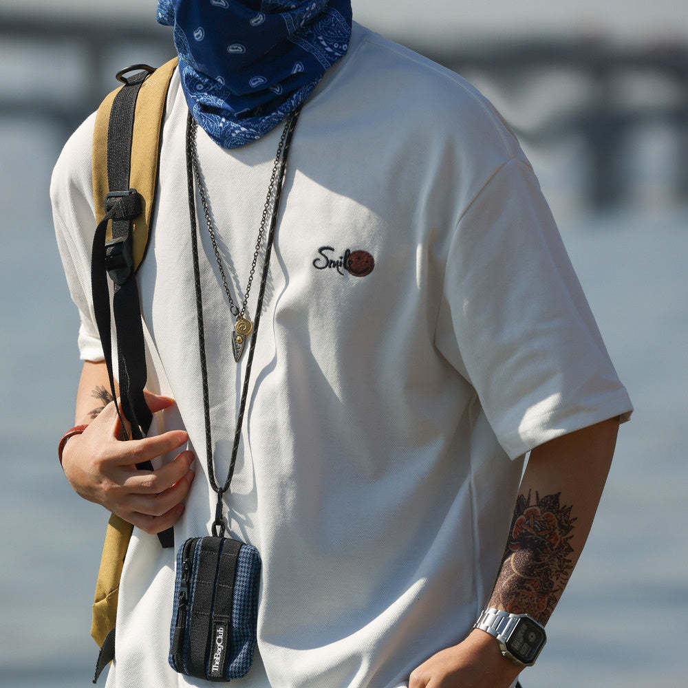 美式休閒230g斜紋雙面棉短袖T恤男笑臉刺繡圓領打底衫