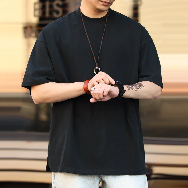 美式230g輕絨感小領口短袖T恤男寬鬆休閒抗皺大碼體恤夏