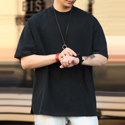 美式230g輕絨感小領口短袖T恤男寬鬆休閒抗皺大碼體恤夏